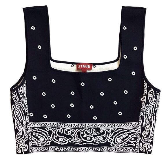 Staud Tucson Cropped Intarsia-Knit Tank Navy Blue White Cropped Sweater Top - Picture 2 of 6